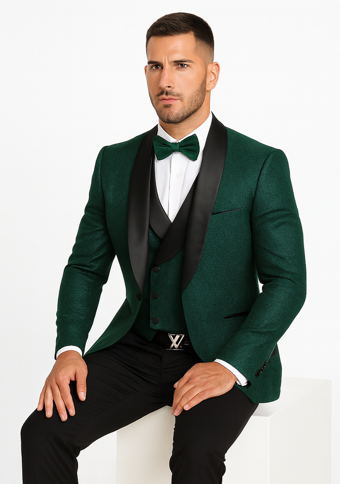 Men's Hunter Green Floral Lace Wedding Tuxedo with Vest – Designer Formal Suit