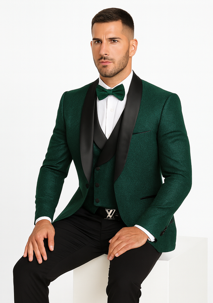 Men's Hunter Green Floral Lace Wedding Tuxedo with Vest – Designer Formal Suit