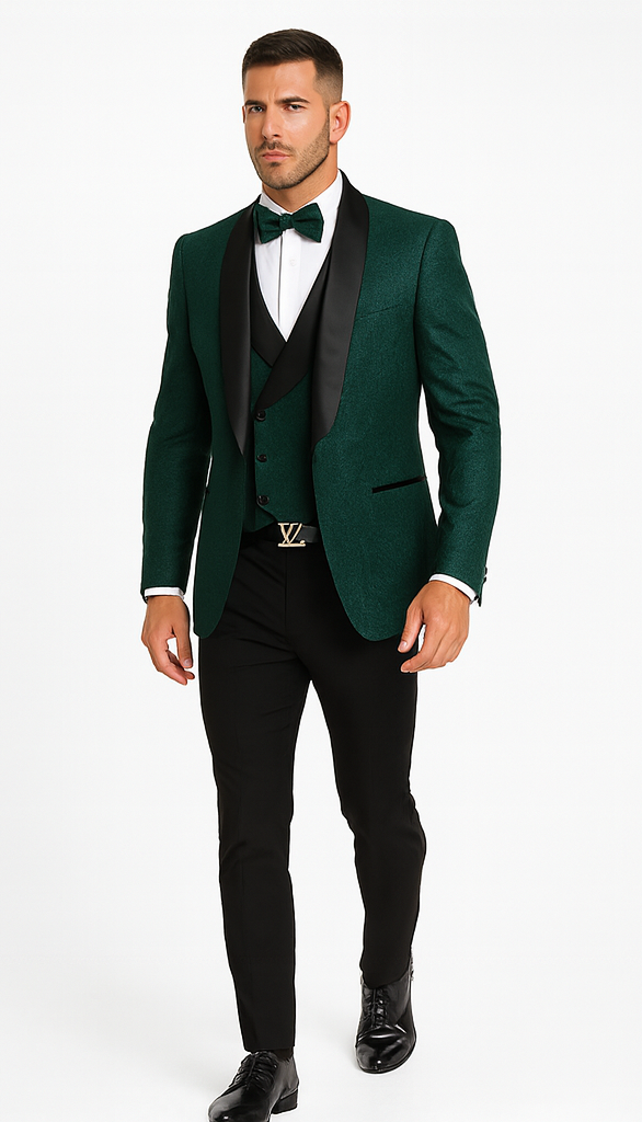 Men's Hunter Green Floral Lace Wedding Tuxedo with Vest – Designer Formal Suit