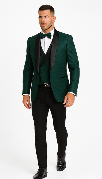 Men's Hunter Green Floral Lace Wedding Tuxedo with Vest – Designer Formal Suit
