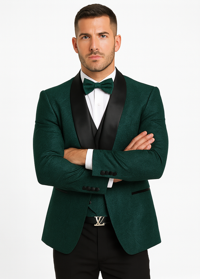Men's Hunter Green Floral Lace Wedding Tuxedo with Vest – Designer Formal Suit