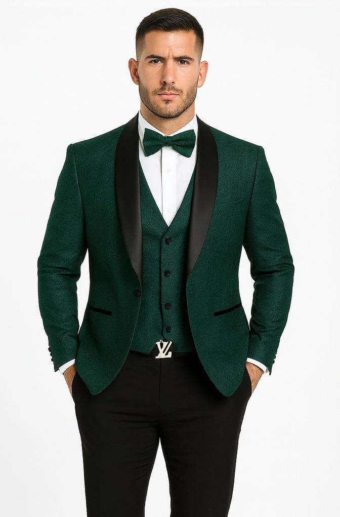 Men's Hunter Green Floral Lace Wedding Tuxedo with Vest – Designer Formal Suit
