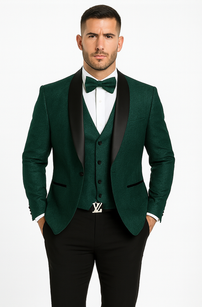 Men's Hunter Green Floral Lace Wedding Tuxedo with Vest – Designer Formal Suit
