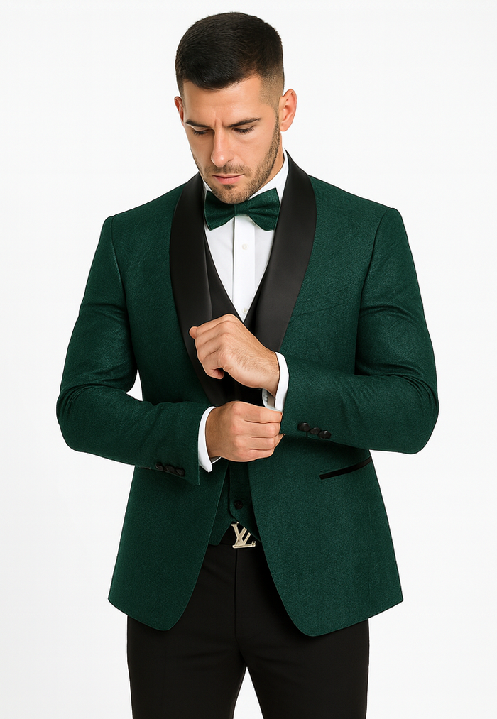 Men's Hunter Green Floral Lace Wedding Tuxedo with Vest – Designer Formal Suit