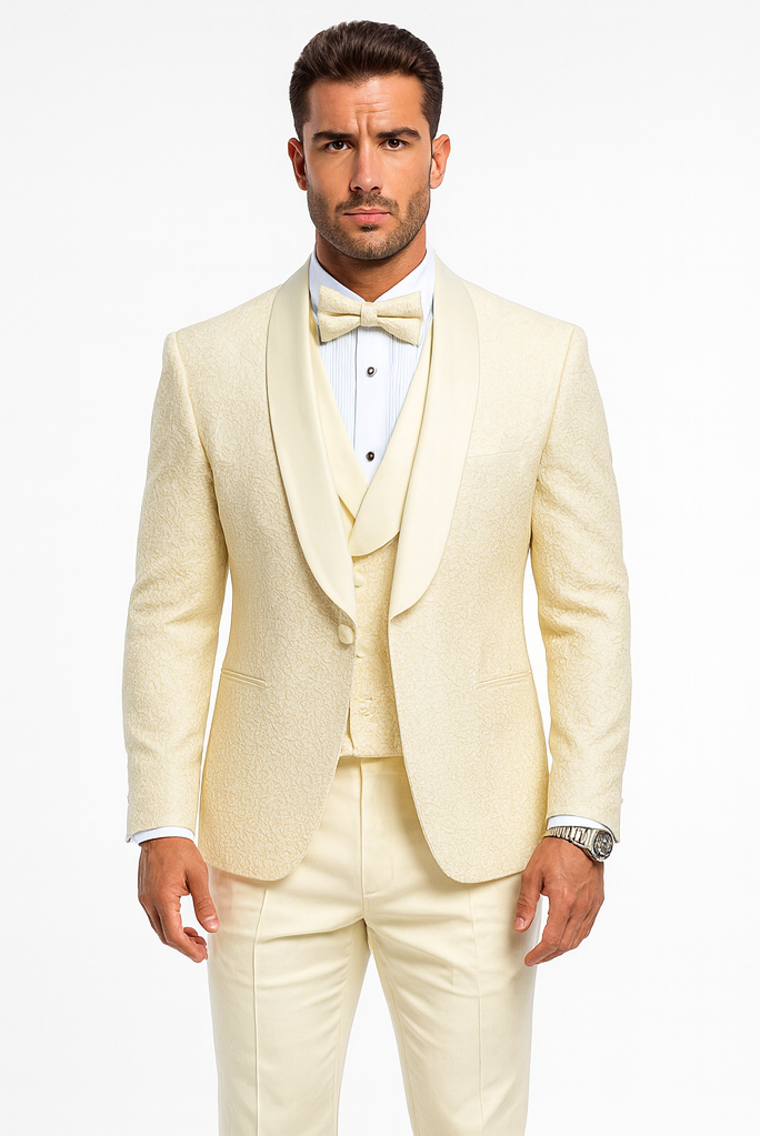 Men’s Ivory Floral Lace Wedding Tuxedo with Vest – Designer Formal Suit
