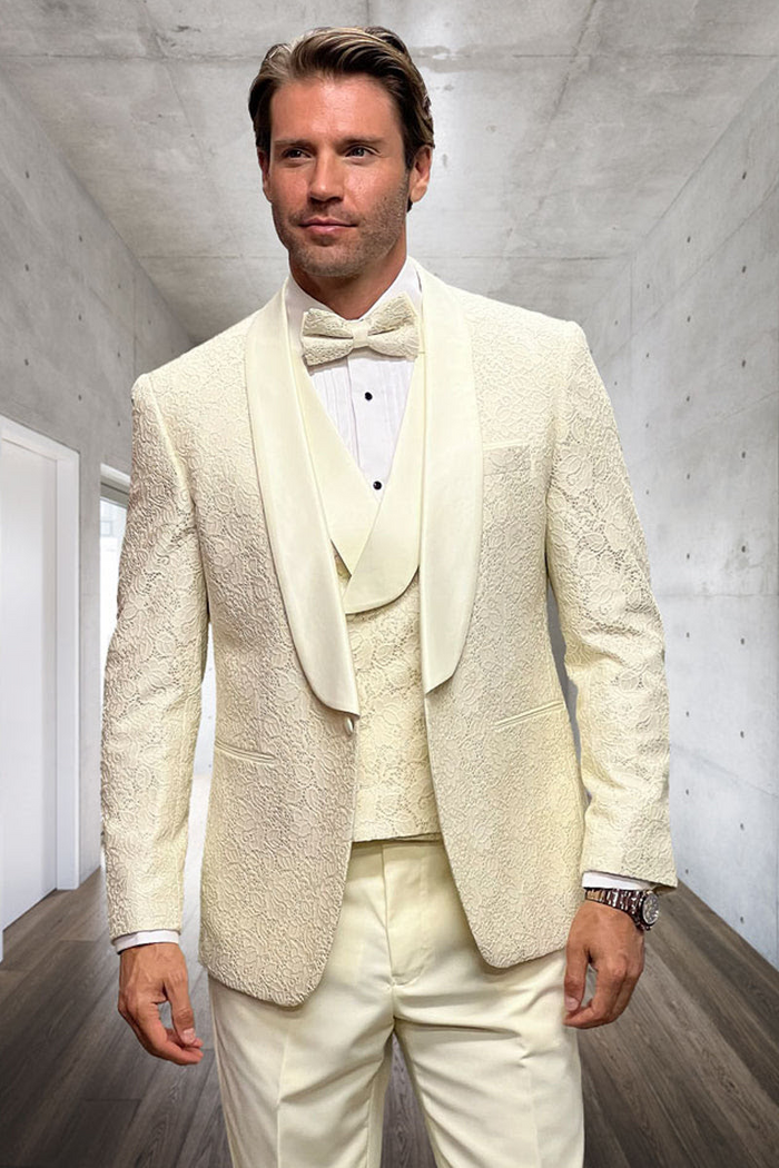 Men’s Ivory Floral Lace Wedding Tuxedo with Vest – Designer Formal Suit