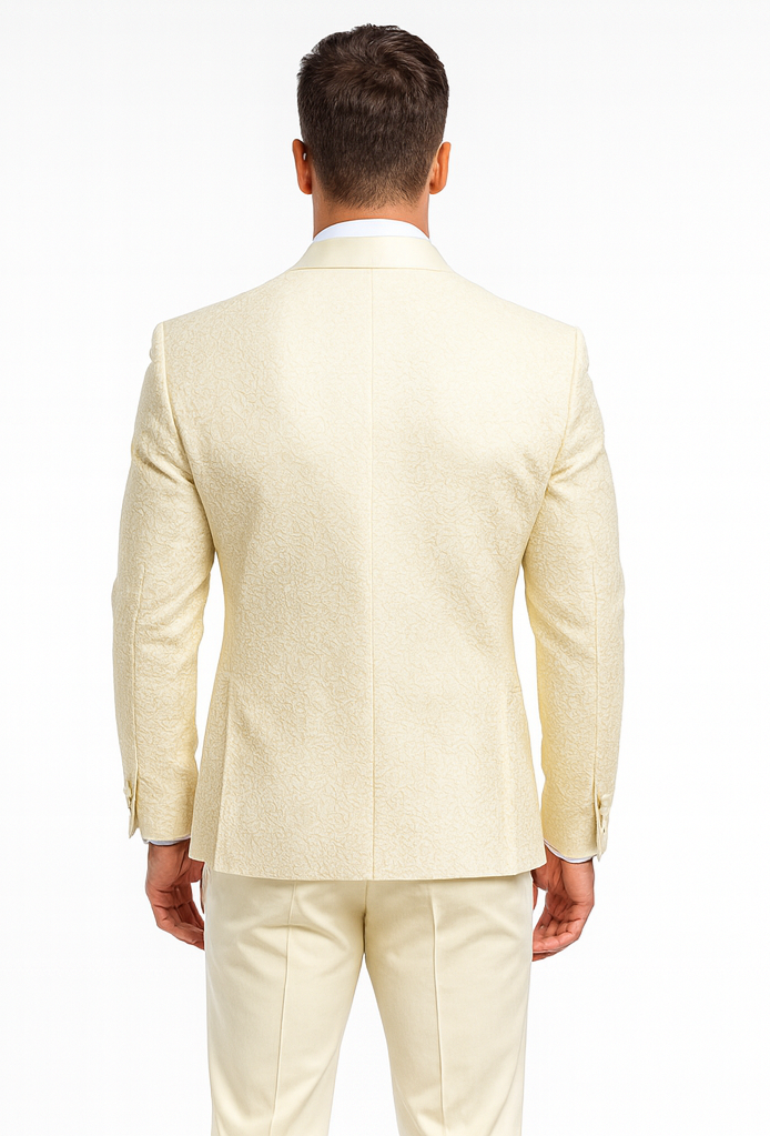 Men’s Ivory Floral Lace Wedding Tuxedo with Vest – Designer Formal Suit