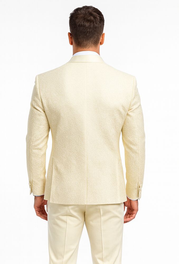 Men’s Ivory Floral Lace Wedding Tuxedo with Vest – Designer Formal Suit