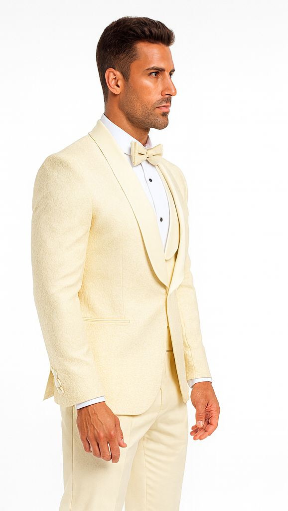 Men’s Ivory Floral Lace Wedding Tuxedo with Vest – Designer Formal Suit
