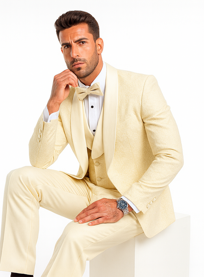 Men’s Ivory Floral Lace Wedding Tuxedo with Vest – Designer Formal Suit