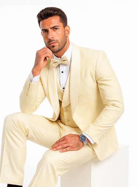 Men’s Ivory Floral Lace Wedding Tuxedo with Vest – Designer Formal Suit