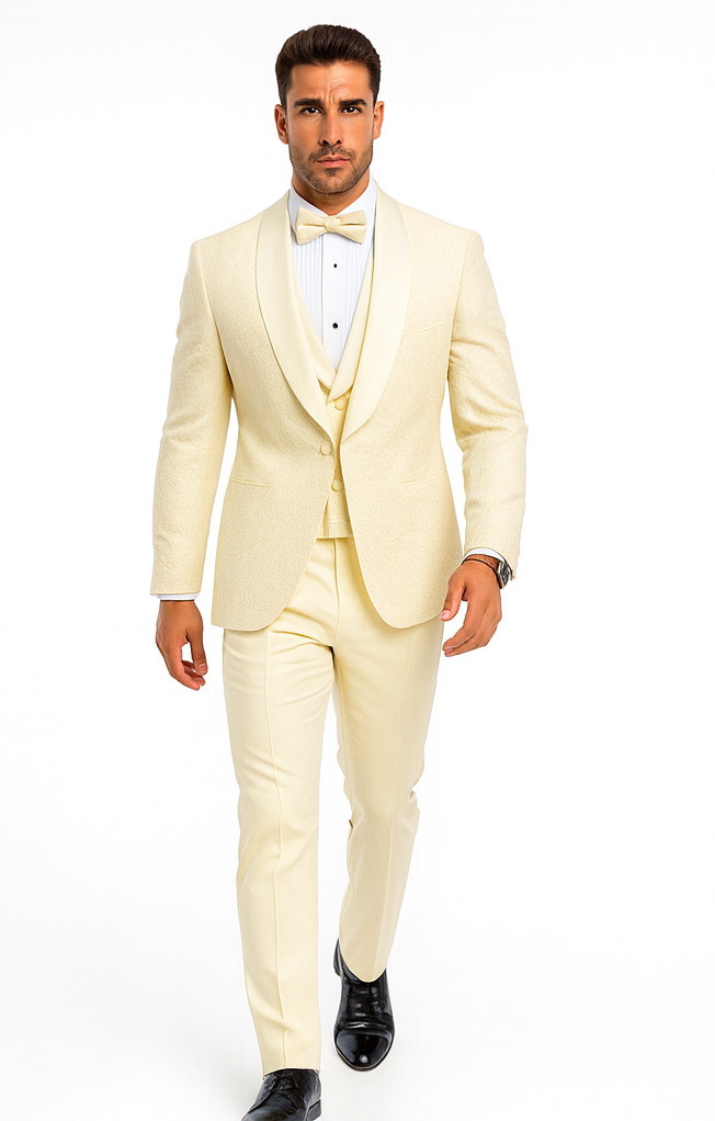 Men’s Ivory Floral Lace Wedding Tuxedo with Vest – Designer Formal Suit