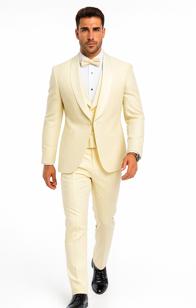Men’s Ivory Floral Lace Wedding Tuxedo with Vest – Designer Formal Suit