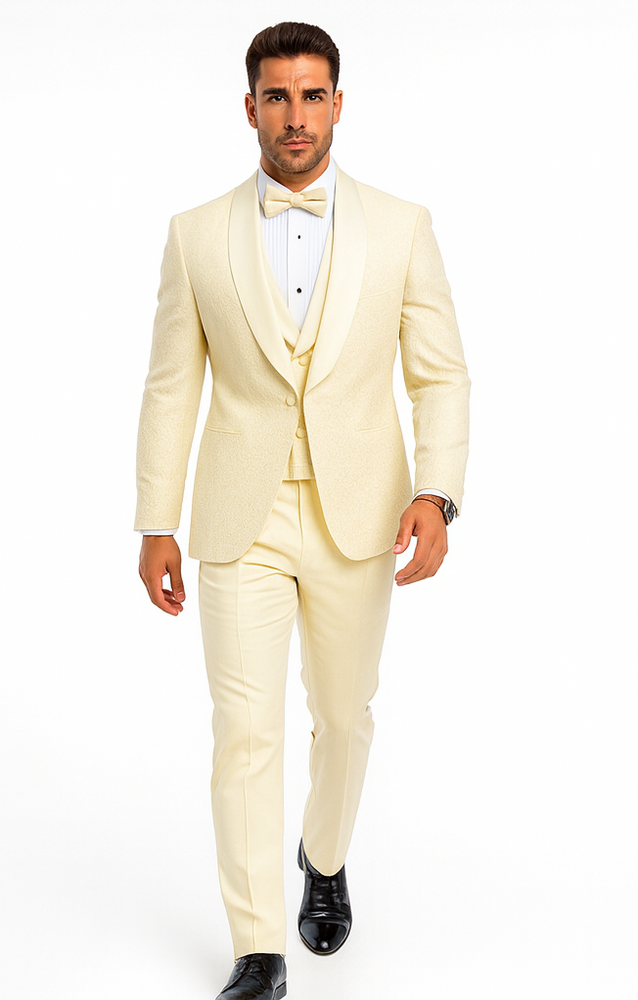 Men’s Ivory Floral Lace Wedding Tuxedo with Vest – Designer Formal Suit