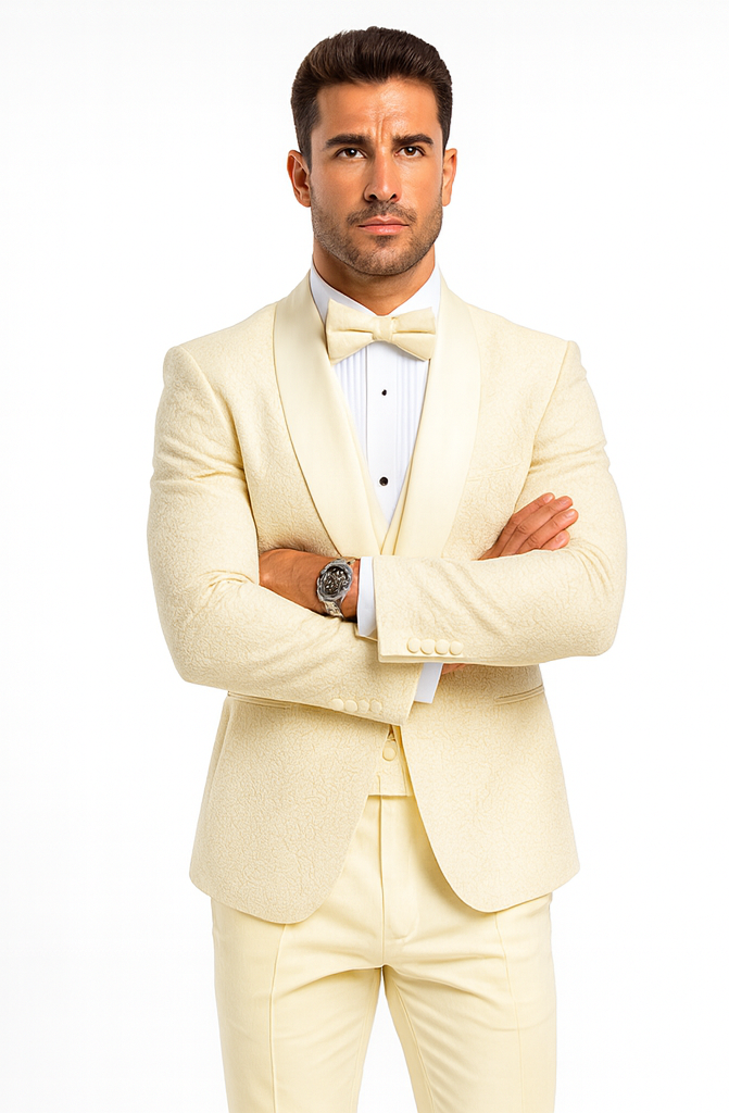 Men’s Ivory Floral Lace Wedding Tuxedo with Vest – Designer Formal Suit