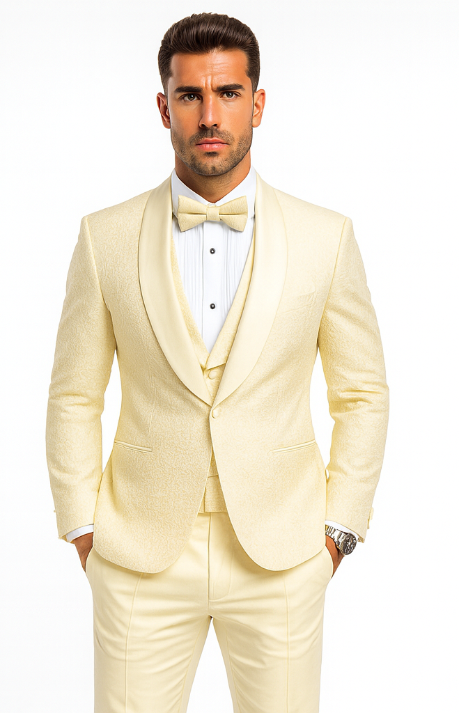 Men’s Ivory Floral Lace Wedding Tuxedo with Vest – Designer Formal Suit
