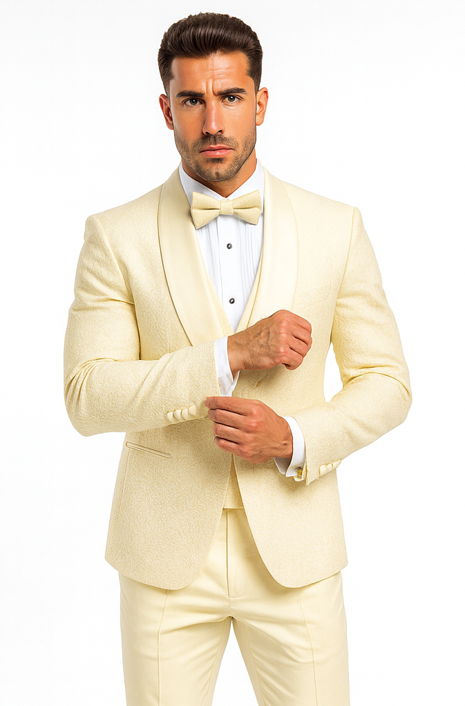 Men’s Ivory Floral Lace Wedding Tuxedo with Vest – Designer Formal Suit