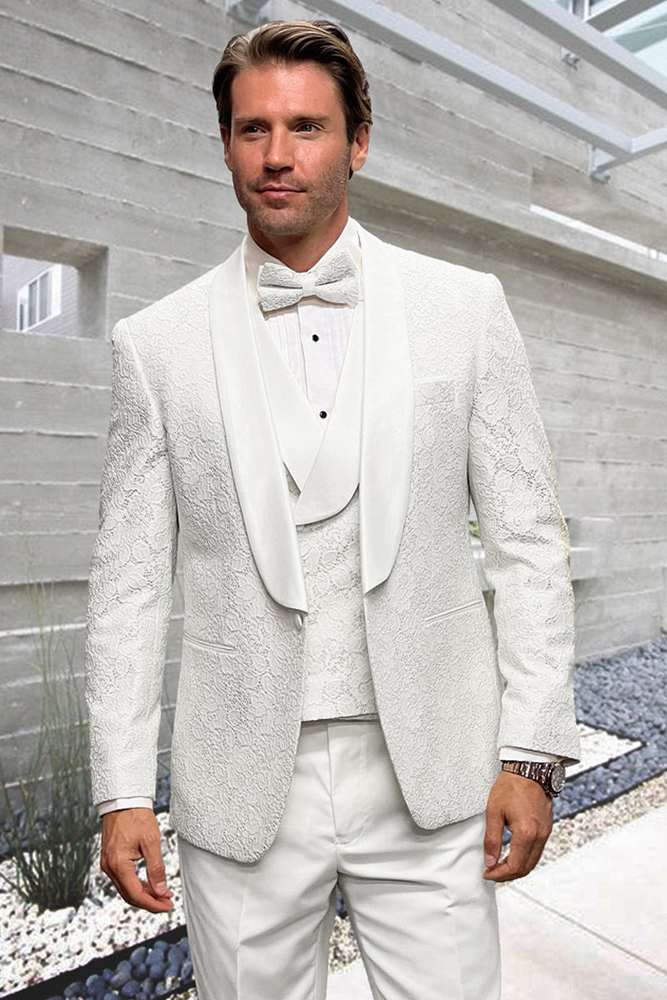 Men’s White Floral Lace Wedding Tuxedo with Vest – Designer Formal Suit