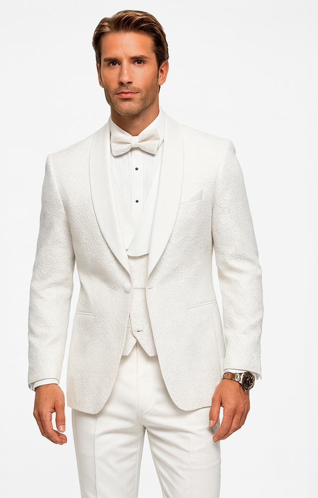 Men’s White Floral Lace Wedding Tuxedo with Vest – Designer Formal Suit