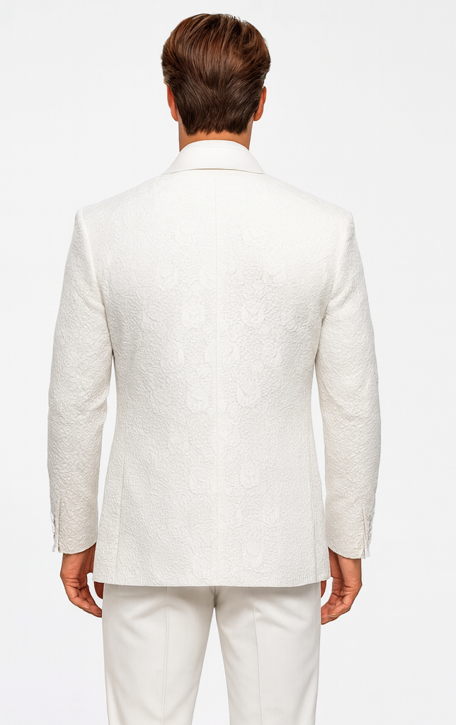 Men’s White Floral Lace Wedding Tuxedo with Vest – Designer Formal Suit