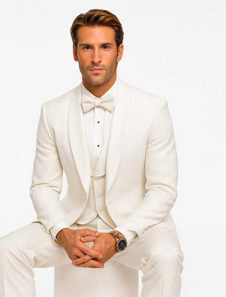 Men’s White Floral Lace Wedding Tuxedo with Vest – Designer Formal Suit