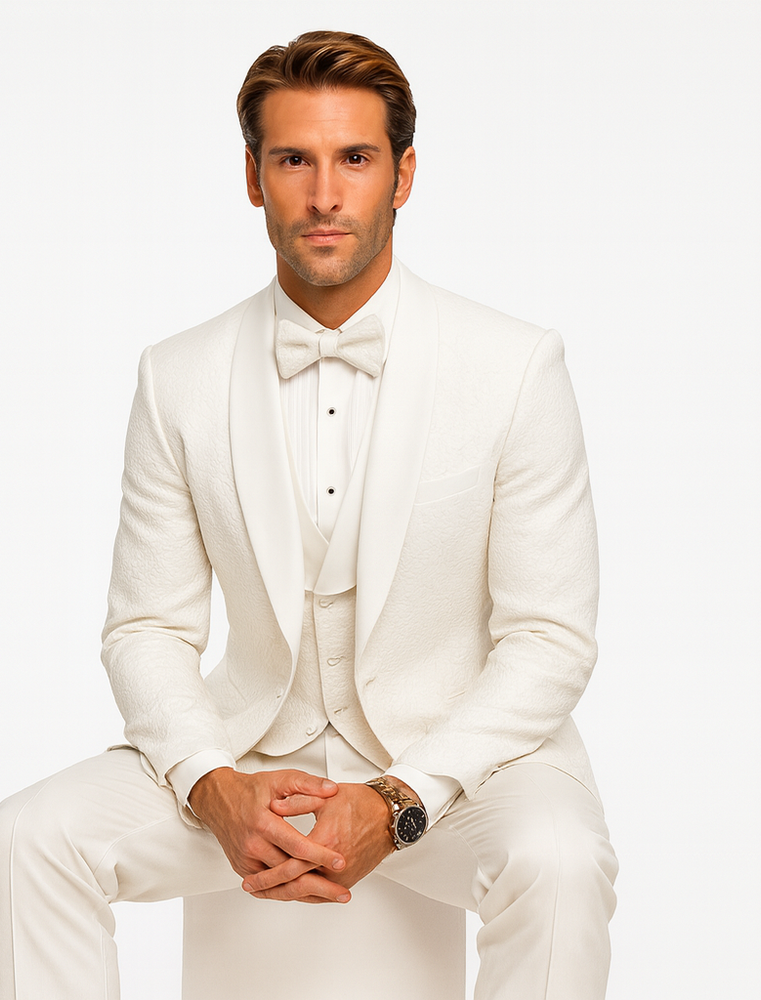Men’s White Floral Lace Wedding Tuxedo with Vest – Designer Formal Suit