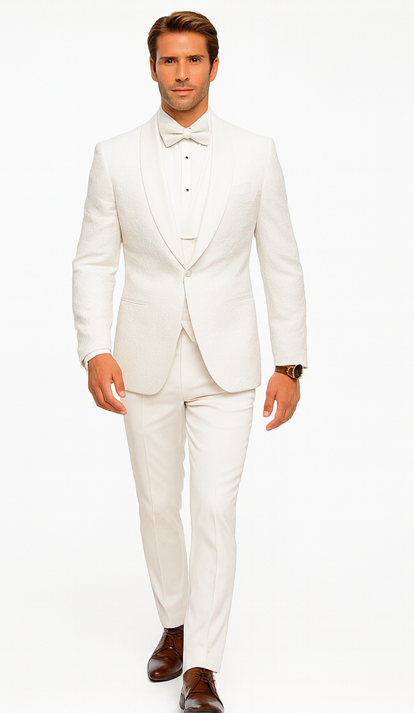 Men’s White Floral Lace Wedding Tuxedo with Vest – Designer Formal Suit