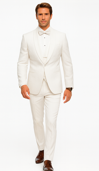 Men’s White Floral Lace Wedding Tuxedo with Vest – Designer Formal Suit