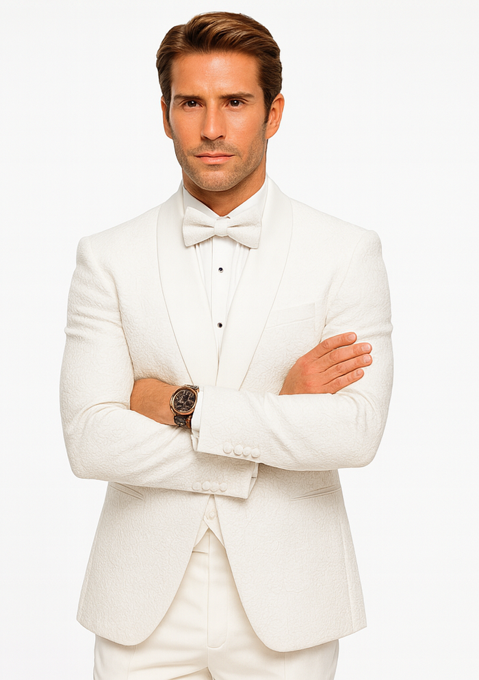 Men’s White Floral Lace Wedding Tuxedo with Vest – Designer Formal Suit