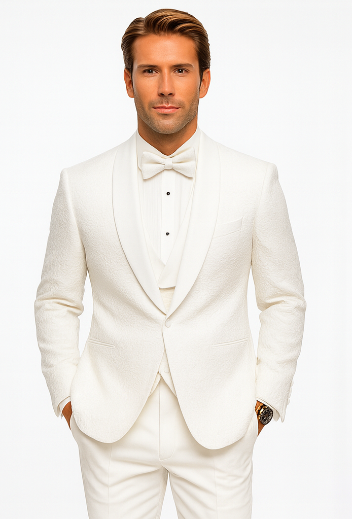Men’s White Floral Lace Wedding Tuxedo with Vest – Designer Formal Suit