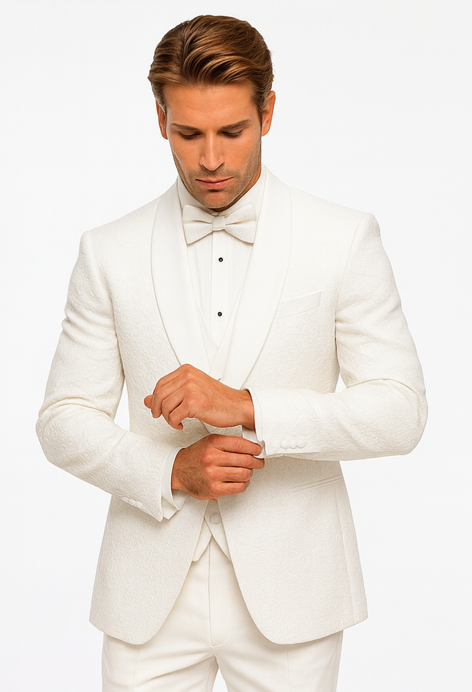 Men’s White Floral Lace Wedding Tuxedo with Vest – Designer Formal Suit