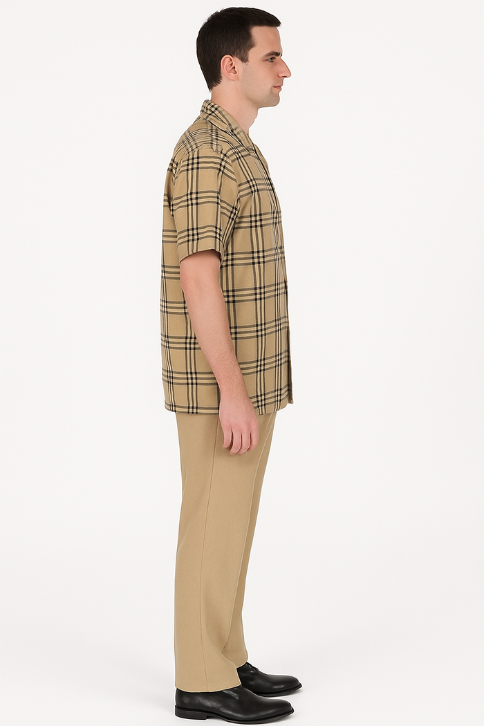 Beige Checkered Men’s Shirt – Relaxed Fit Short Sleeve