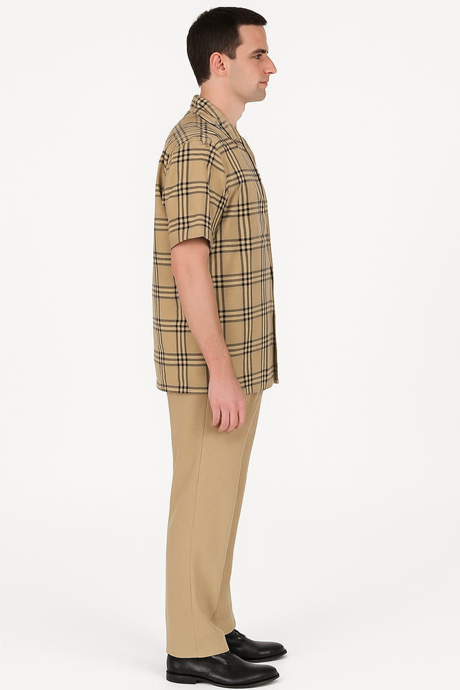 Beige Checkered Men’s Shirt – Relaxed Fit Short Sleeve