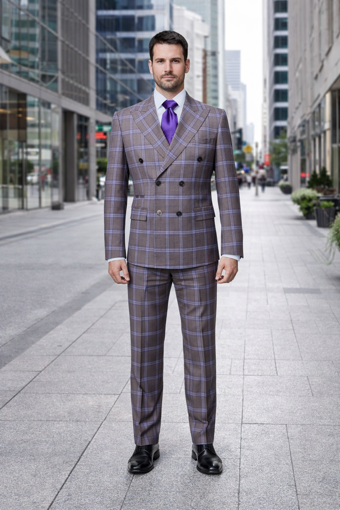 Metro purple Check Double-Breasted Suit