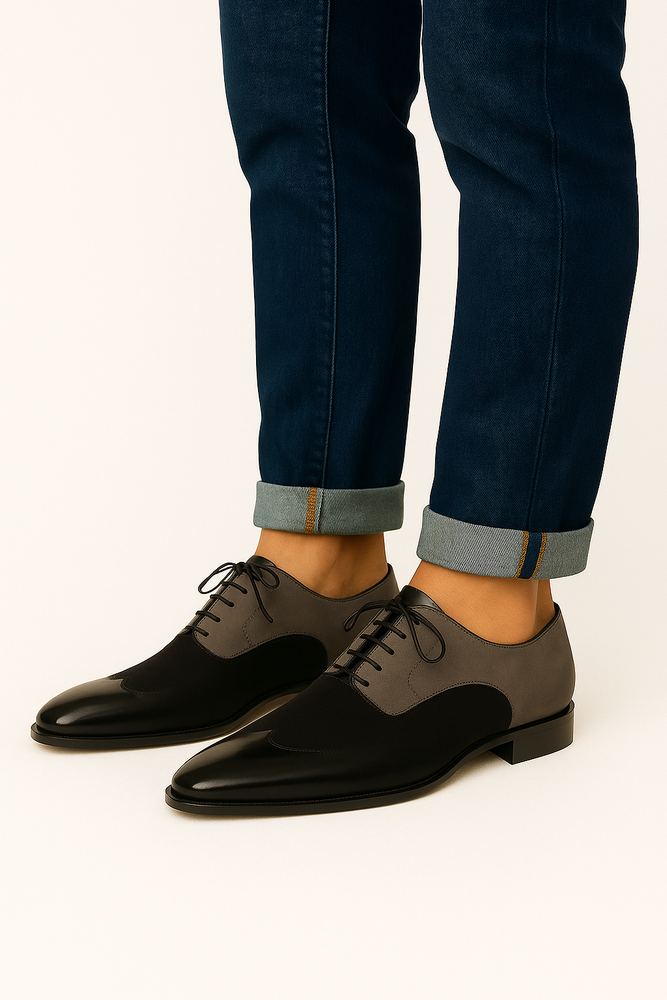 Mezlan Men Black and Grey Suede Wing Tip Oxford