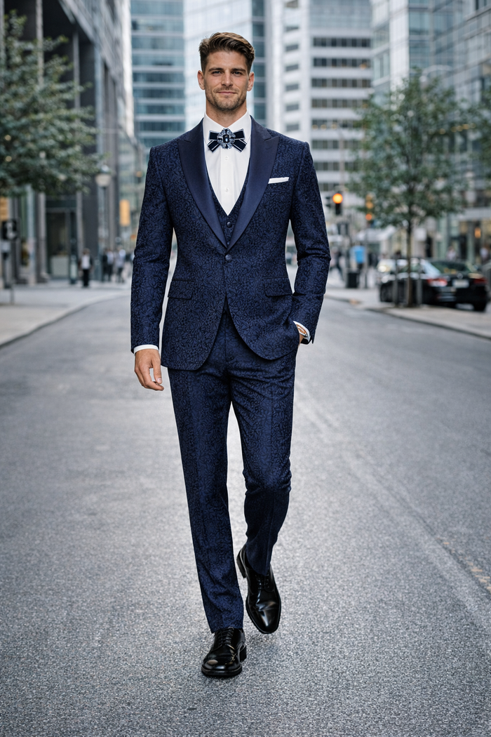 Midnight Bloom Navy Floral 3-Piece Couture Suit by Rossiman