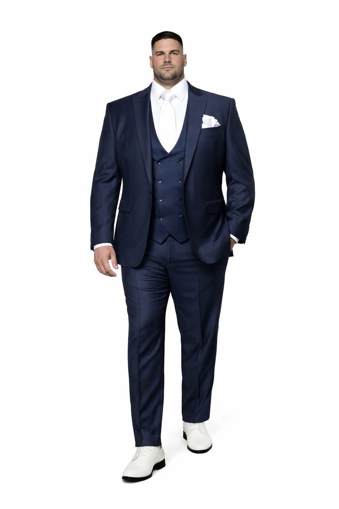 Midnight Navy Textured 3-Piece Luxury Gala Suit with White Accents by Rossiman