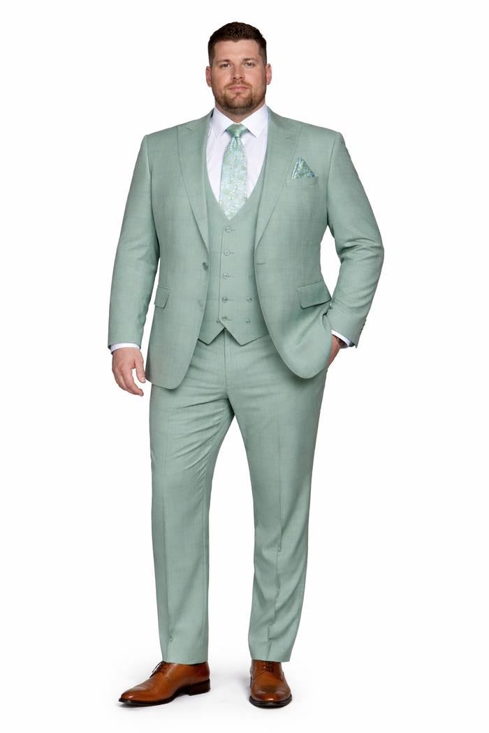 Mint Sage Windowpane 3-Piece Luxury Wedding Suit with Green Paisley Accents