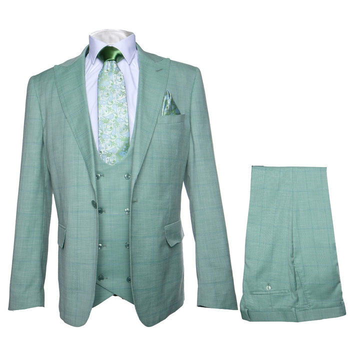 Mint Sage Windowpane 3-Piece Luxury Wedding Suit with Green Paisley Accents