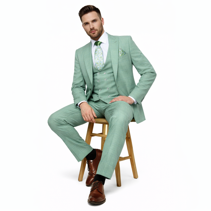 Mint Sage Windowpane 3-Piece Luxury Wedding Suit with Green Paisley Accents