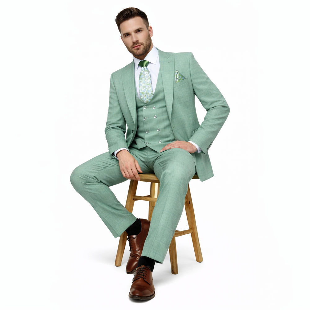 Mint Sage Windowpane 3-Piece Luxury Wedding Suit with Green Paisley Accents