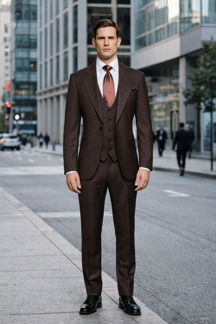 Mocha Reserve 3-Piece Tailored Suit with Satin Chestnut Accents