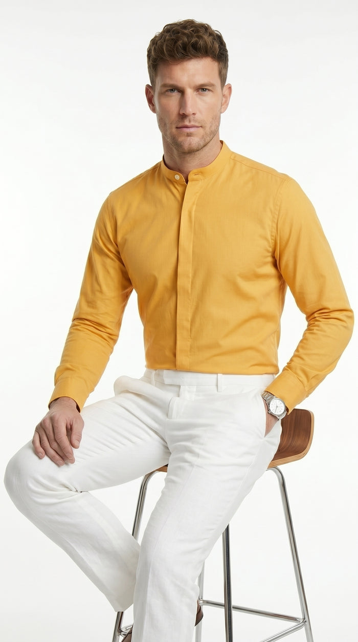 Men’s Honey Gold Mandarin Collar Dress Shirt, Banded Collar Oriental Style Formal Shirt