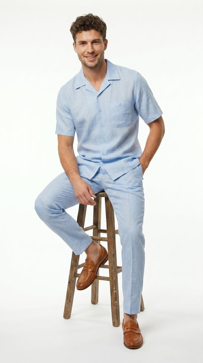 Men’s Light Blue Linen Walking Suit with Short Sleeve Shirt and Matching Pants, Summer Casual Outfit