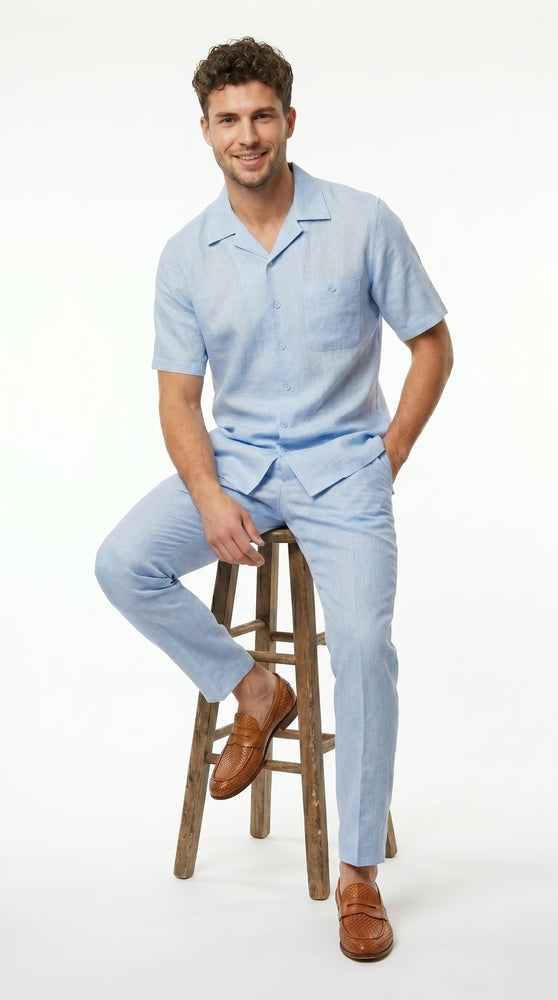 Men’s Light Blue Linen Walking Suit with Short Sleeve Shirt and Matching Pants, Summer Casual Outfit