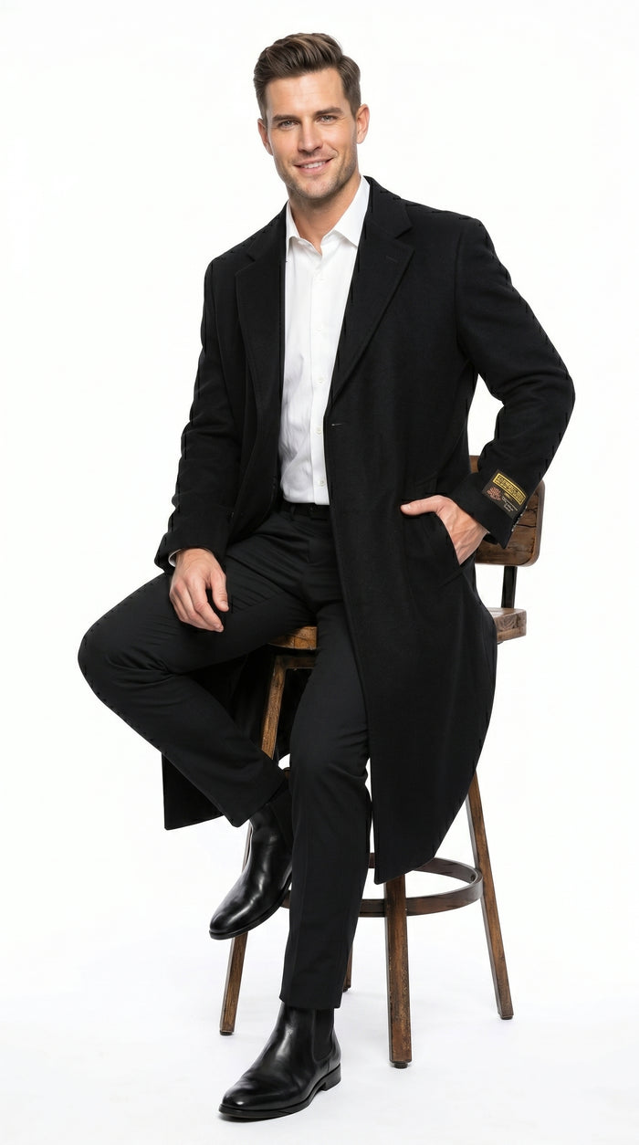 Men’s Black Big and Tall Long Overcoat, Winter Dress Topcoat in 4XL 5XL 6XL