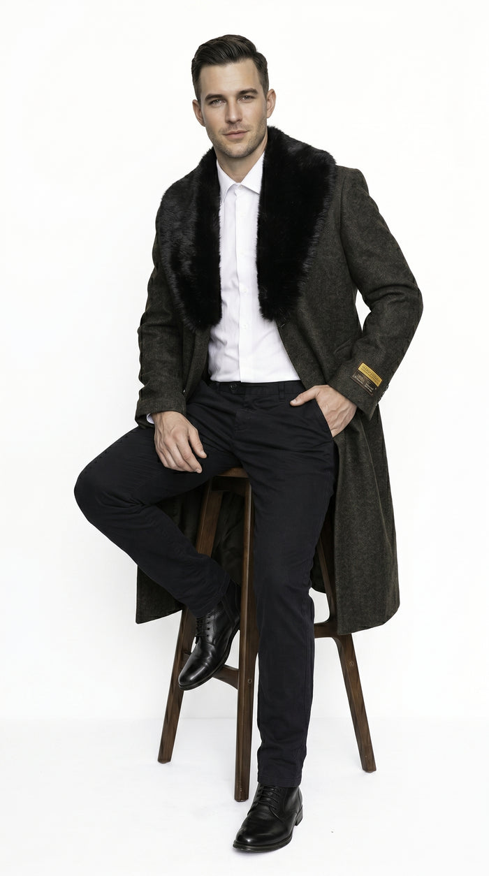 Men’s Brown Big and Tall Long Overcoat with Fur Style Collar, Winter Dress Topcoat in 4XL 5XL 6XL