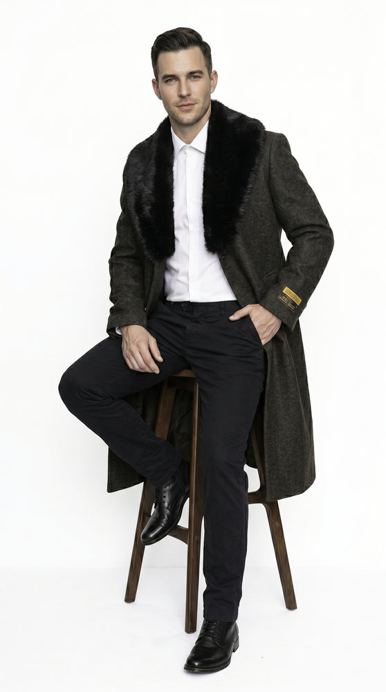 Men’s Brown Big and Tall Long Overcoat with Fur Style Collar, Winter Dress Topcoat in 4XL 5XL 6XL