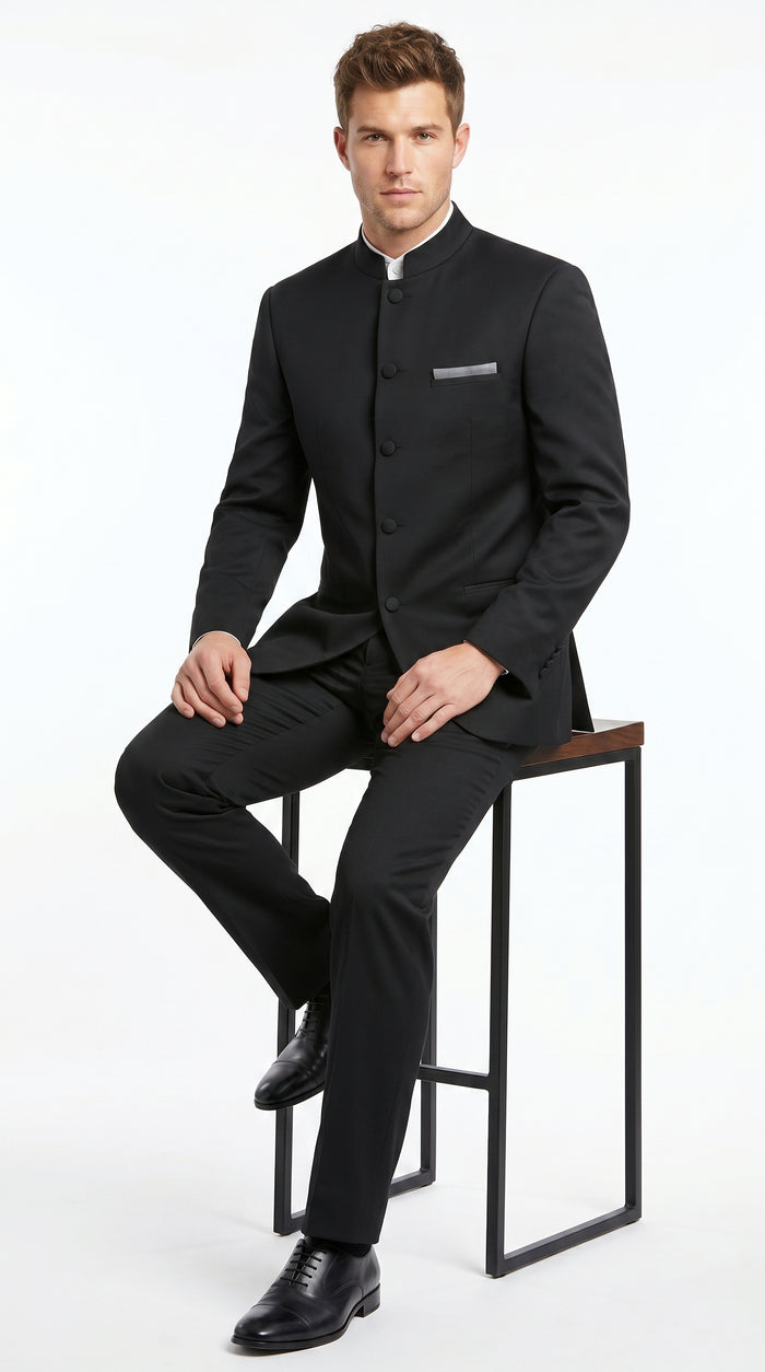 Men’s Black 5 Button Mandarin Collar Nehru Style Suit, Formal Banded Collar Dress Suit