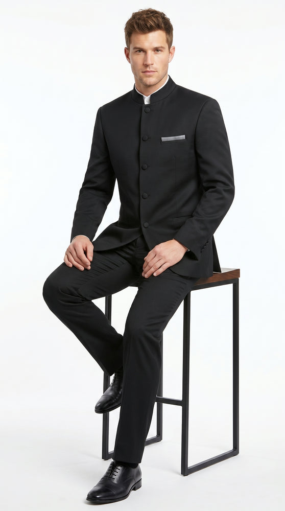 Men’s Black 5 Button Mandarin Collar Nehru Style Suit, Formal Banded Collar Dress Suit